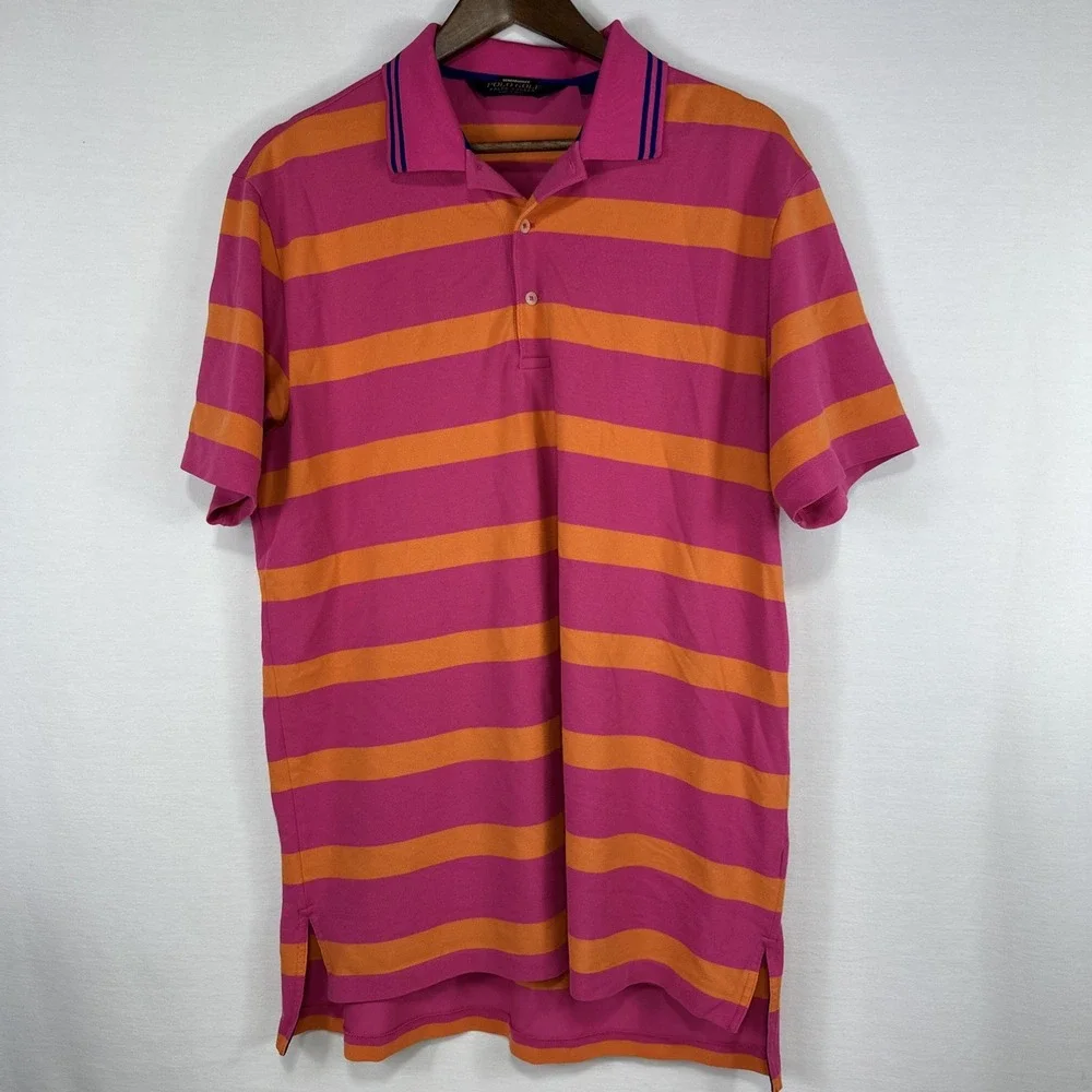 Polo Golf Ralph Lauren Mens Polo Large Pink Orange Striped Short‎ Sleeve Pima